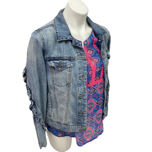 BP Womens Ruffle Denim Jacket Top Combo Size Small Blue Pink Pockets - Picture 12 of 12